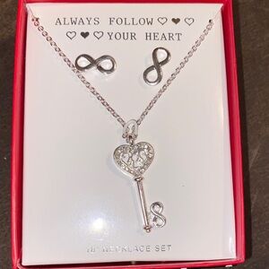 Silver Heart Key Necklace and Infinity Earrings Set